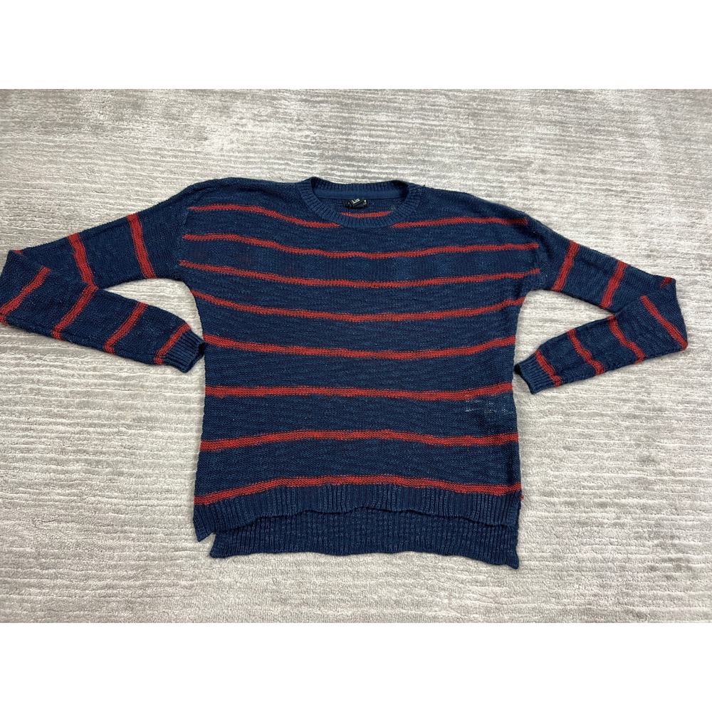 Forever‎ 21 Sweater Womens S Navy Blue Red Striped Crew Neck Open Knit Casual